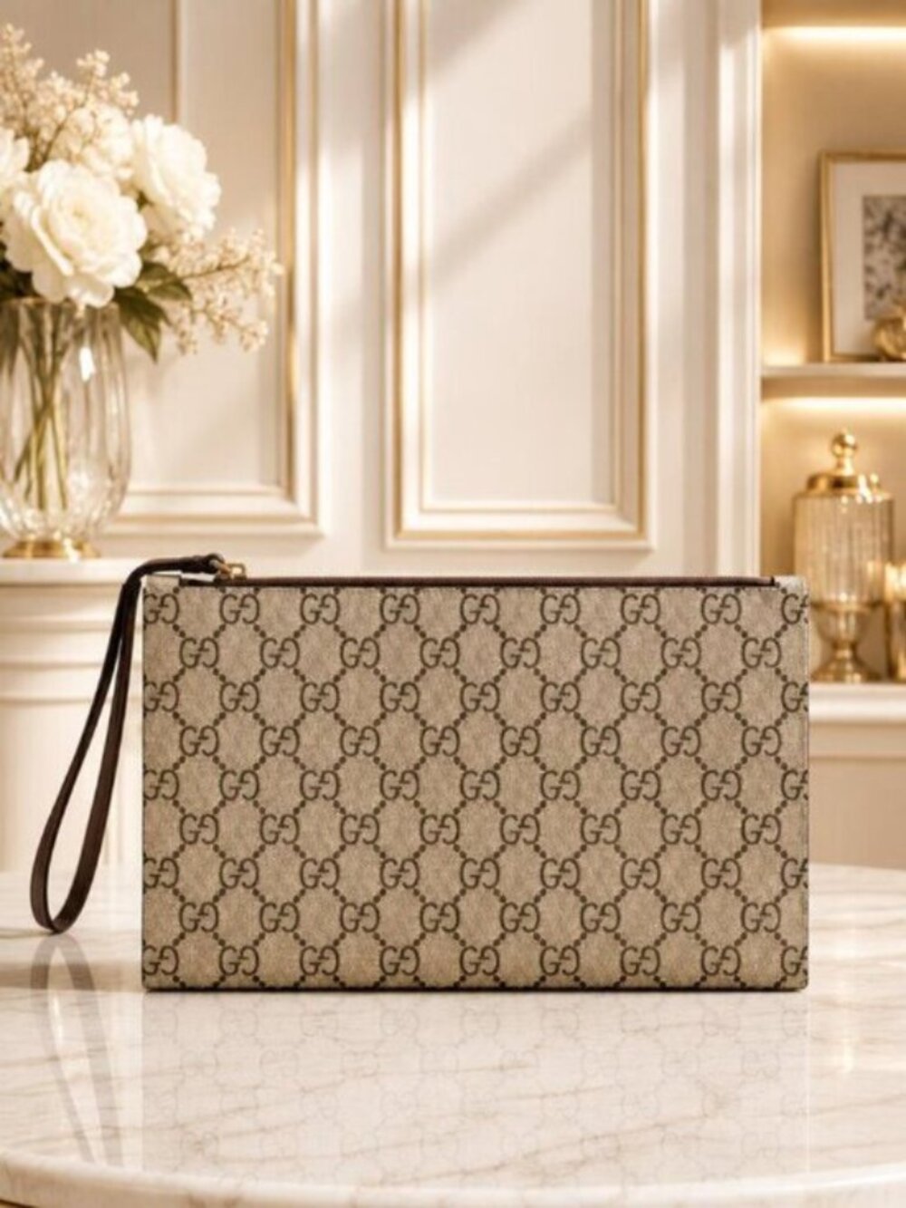 Authentic Gucci GG Supreme Canvas Wristlet Clutch Pouch Zip Bag